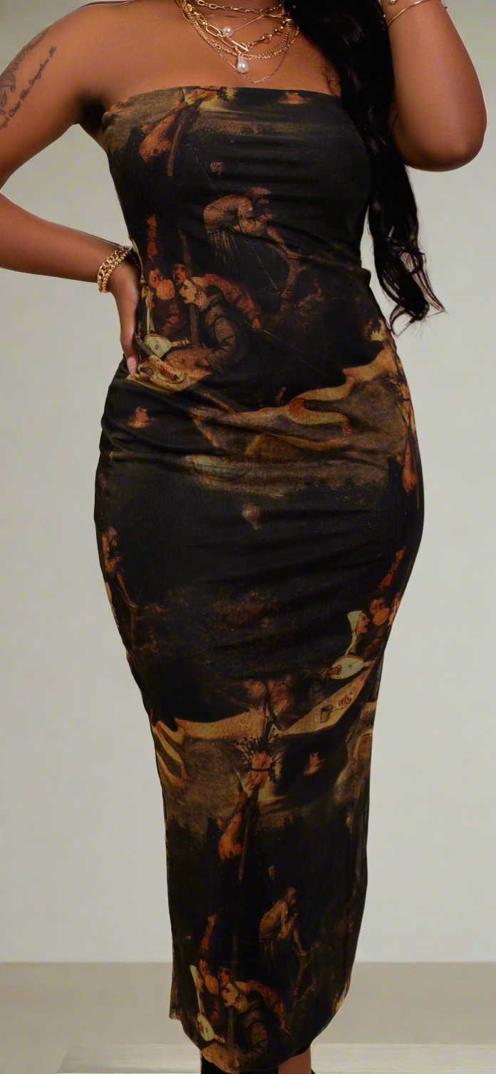 Strapless Vintage Painting Maxi Dress