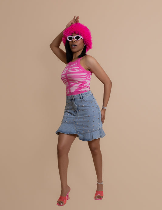 Minifalda vaquera asimétrica con pedrería