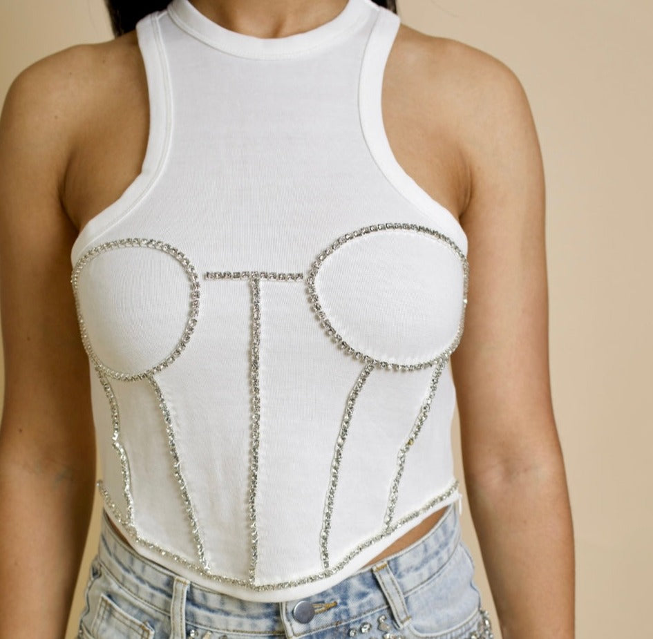 White Rhinestone Jeweled Crop Top