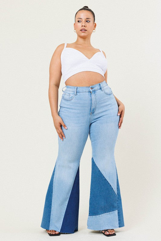 High Rise Color Block Flare Denim Jeans