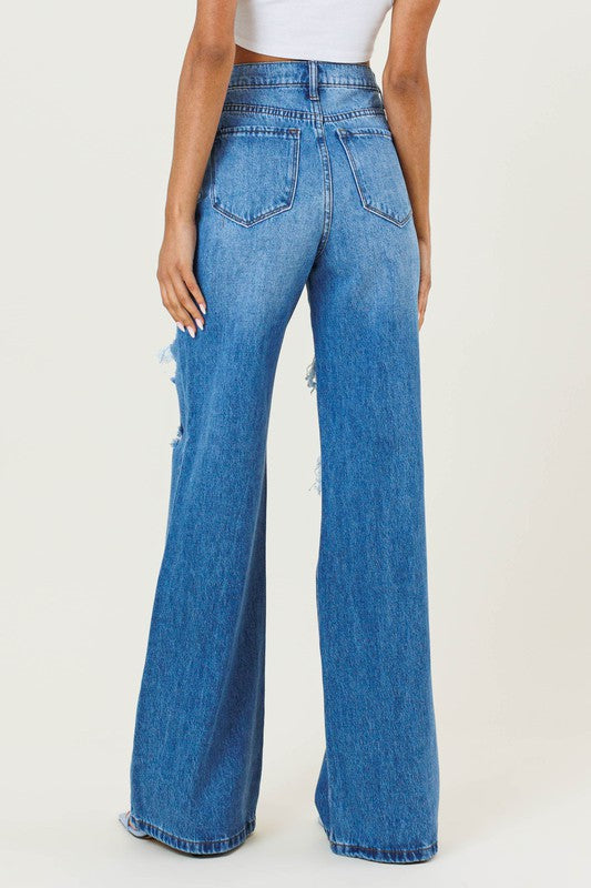 High Rise Distressed Wide Leg Denim Jeans