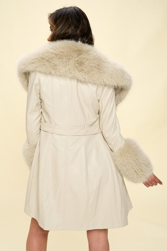 Cream Faux Leather Trench Coat With Fur Trim