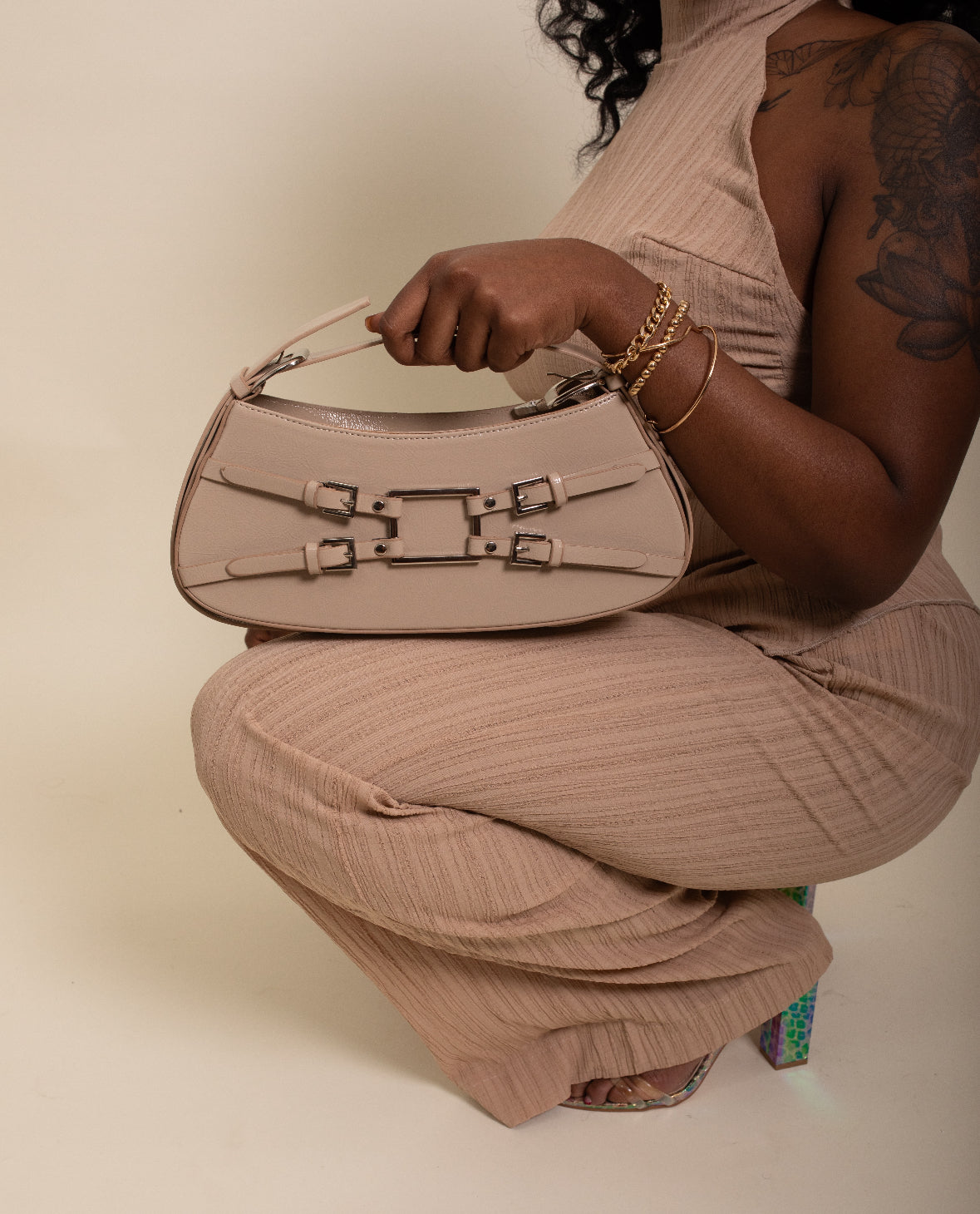 Beige Buckle Detail Shoulder Bag