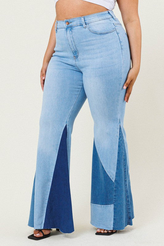 High Rise Color Block Flare Denim Jeans