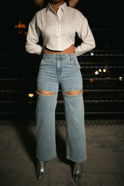 Washed Denim Rhinestone Studded Boot Cut Jeans