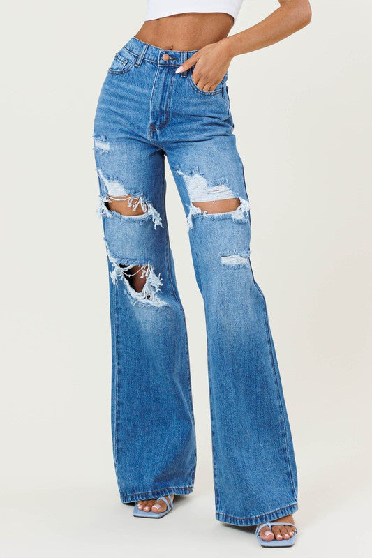 High Rise Distressed Wide Leg Denim Jeans