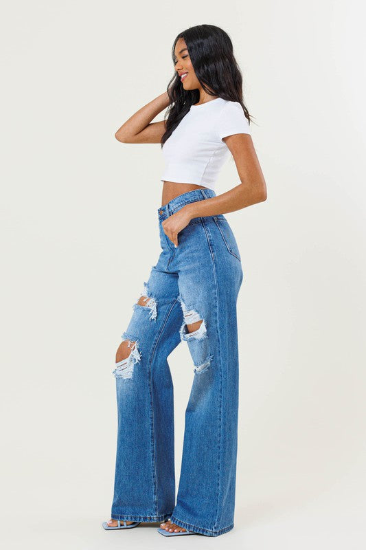 High Rise Distressed Wide Leg Denim Jeans