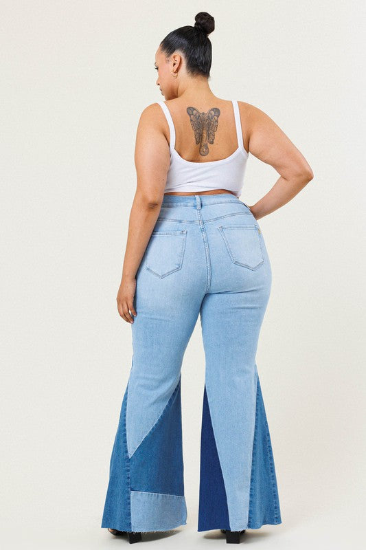 High Rise Color Block Flare Denim Jeans