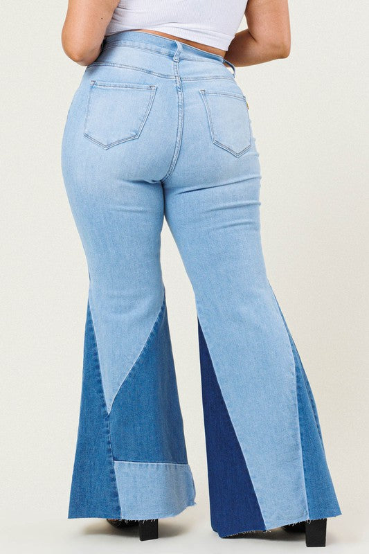 High Rise Color Block Flare Denim Jeans