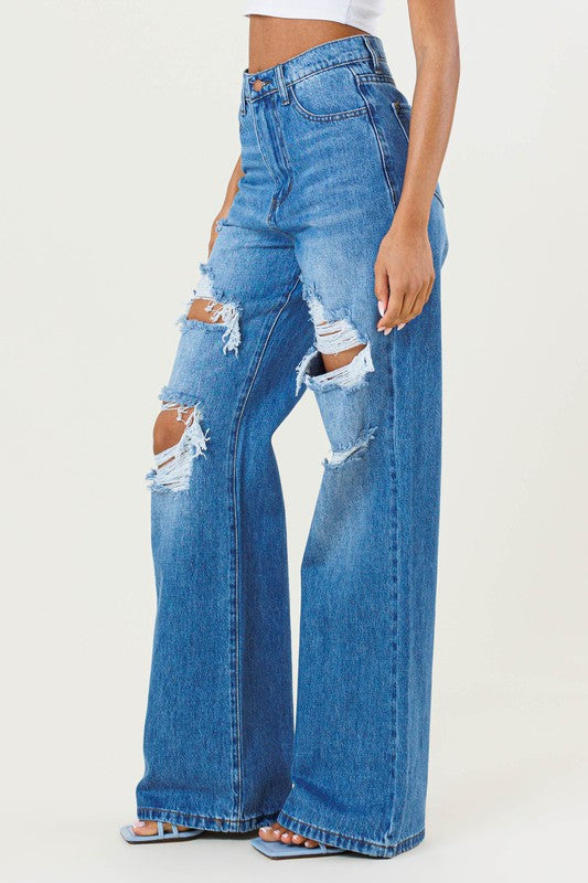 High Rise Distressed Wide Leg Denim Jeans